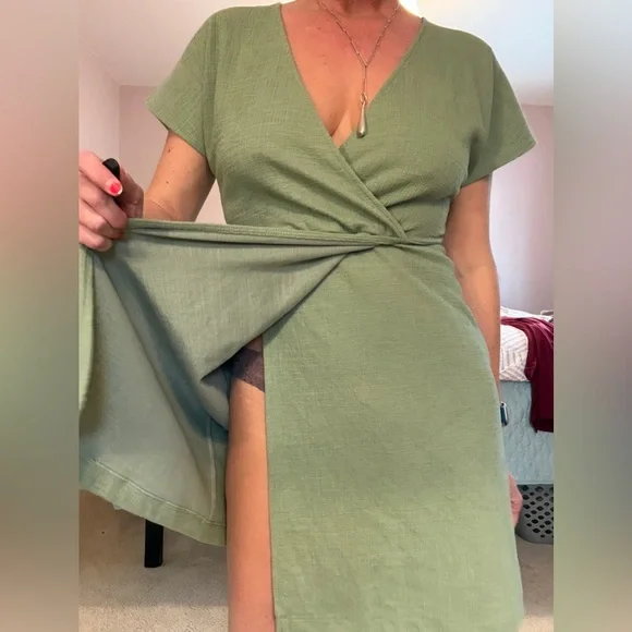 Madewell Cross-Front Flutter-Sleeve Mini Dress: color Dried Aloe size: small. - Picture 4 of 6